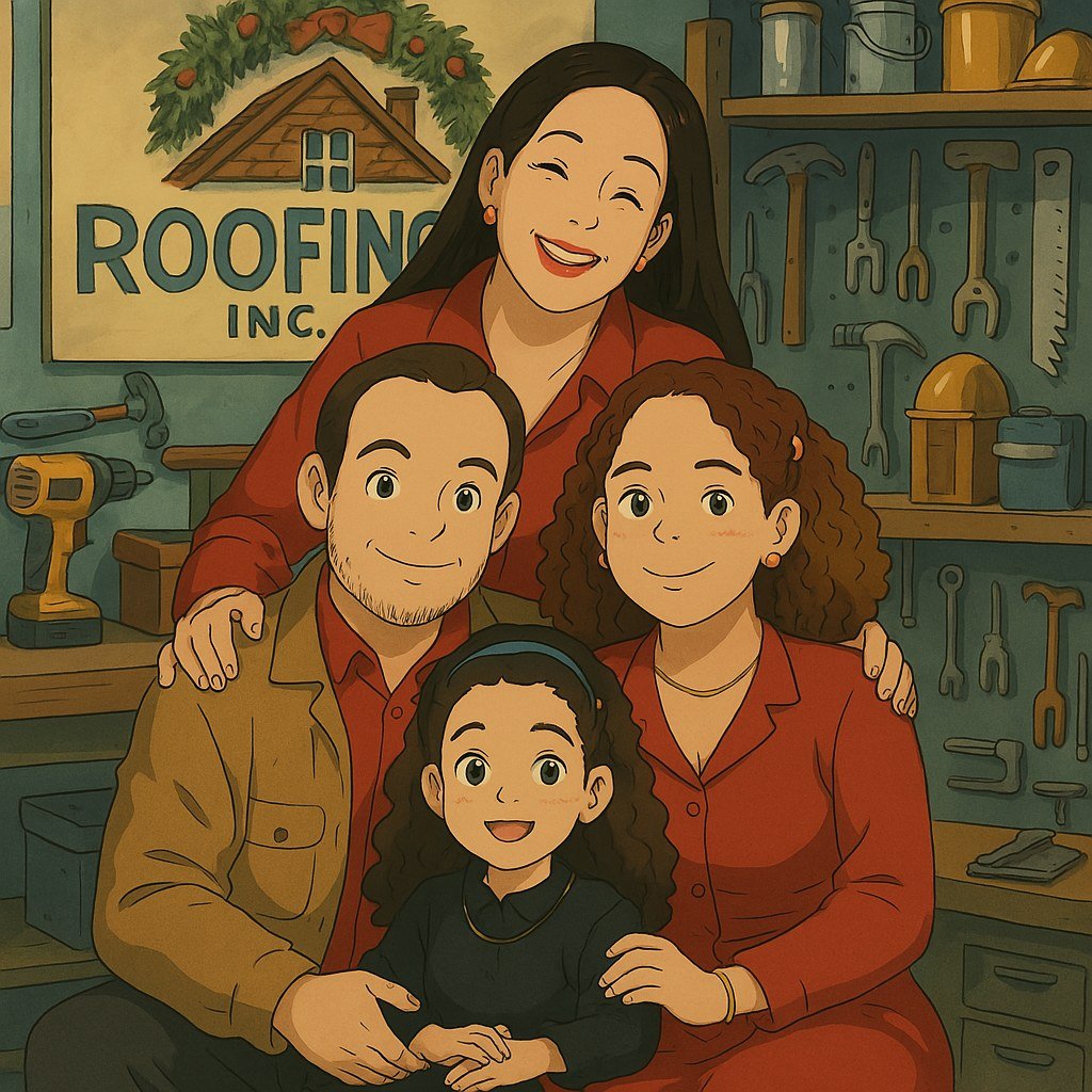 Illustration of the DAG Roofs family in their roofing workshop